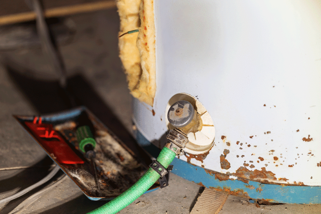 An aged water heater being drained