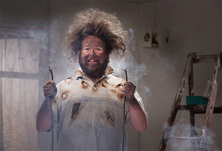 Man with wires and wild hair